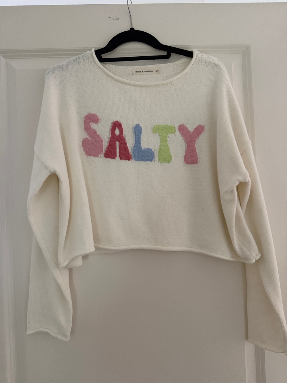 moon & madison Cream Cropped 'SALTY' Knit Sweatshirt with Pastel Lettering